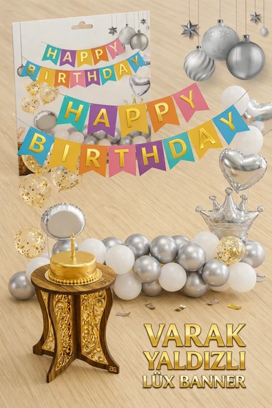 Altın Varak Yaldızlı Lüks Happy Birthday Banner - Renkli ürün görseli 1