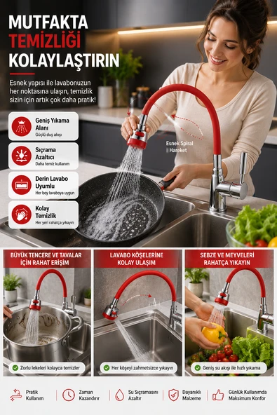 Kırmızı Spiral Musluk Başlığı Çift Fonksiyonlu Esnek Lavabo Batarya Ucu Aparatı 360° Döner ürün görseli 1