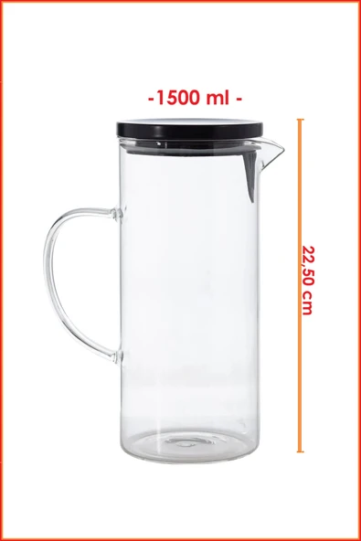 Metal Kapaklı Çizgili Borosilikat Cam Isıya Dayanıklı Süzgeçli 1500 ml Sürahi ürün görseli 1