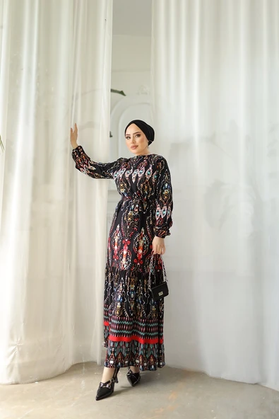 ETNİK DESENLİ KEMERLİ VİSKON ELBİSE ürün görseli 1