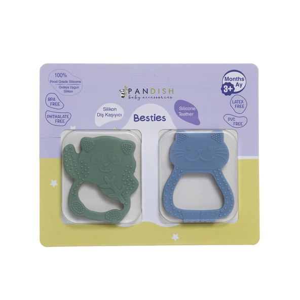 Besties Silikon Diş Kaşıyıcı Buz Mavisi Kedi & Yeşil Panda (4 ADET) ürün görseli 1