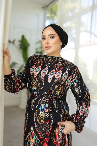 ETNİK DESENLİ KEMERLİ VİSKON ELBİSE - Resim 5