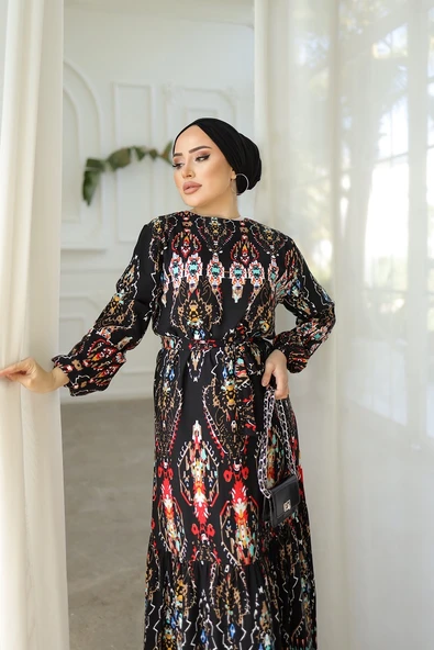 ETNİK DESENLİ KEMERLİ VİSKON ELBİSE - Resim 4