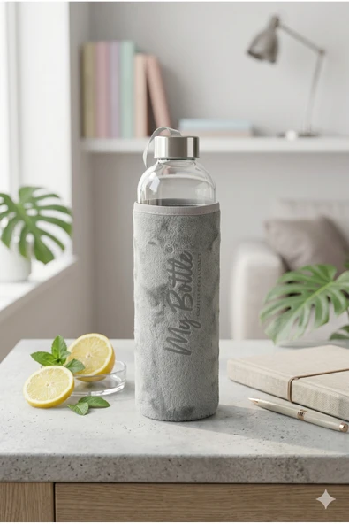1 Litre Cam Su Matarası Gri Koruyucu Kılıflı Sızdırmaz Kapaklı Cam Şişe Sağlıklı Su Matarası ürün görseli 1
