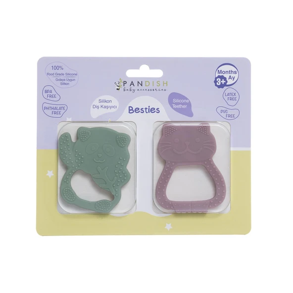 Besties Silikon Diş Kaşıyıcı Pembe Kedi & Yeşil Panda (4 ADET) ürün görseli 1