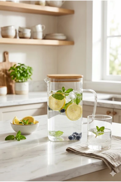 1200 ml Borosilikat Cam Sürahi Bambu Kapaklı Isıya Dayanıklı Modern Tasarım Su Meşrubat Detoks Karaf ürün görseli 1