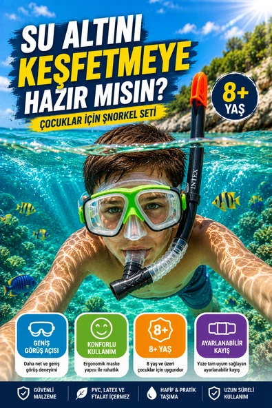 Şnorkel Seti Çocuk Deniz Gözlüğü Maske ve Şnorkel Seti 8+ Yaş Ayarlanabilir Modeli ürün görseli 1