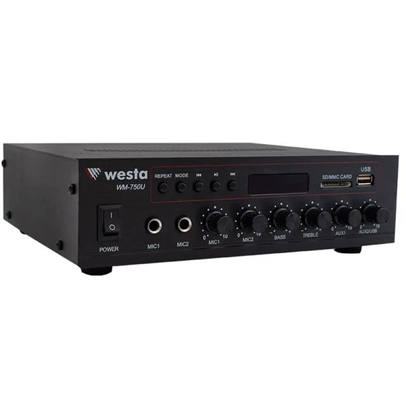 Westa WM-750U 80 Watt 100V-70V Mini 4-16 Ohm USB-SD-Bluetooth 2 Mikrofon Girişli Trafolu Anfi ürün görseli 1