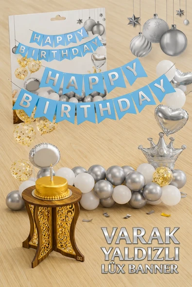 Gümüş Varak Yaldızlı Lüks Happy Birthday Banner - Mavi ürün görseli 1
