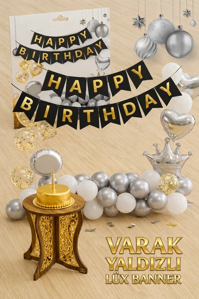 Altın Varak Yaldızlı Lüks Happy Birthday Banner - Siyah ürün görseli 1