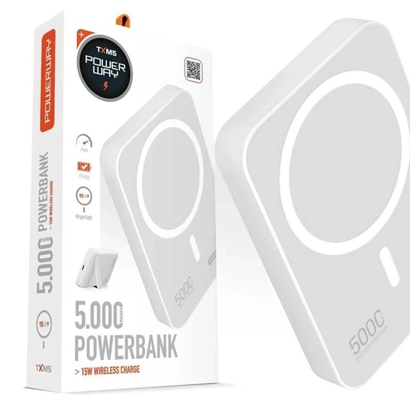 Powerway 5.000mAh PD15W Magsafe Kablosuz Wireless Taşınabilir Şarj Cihazı Beyaz Powerbank TXM5 ürün görseli 1
