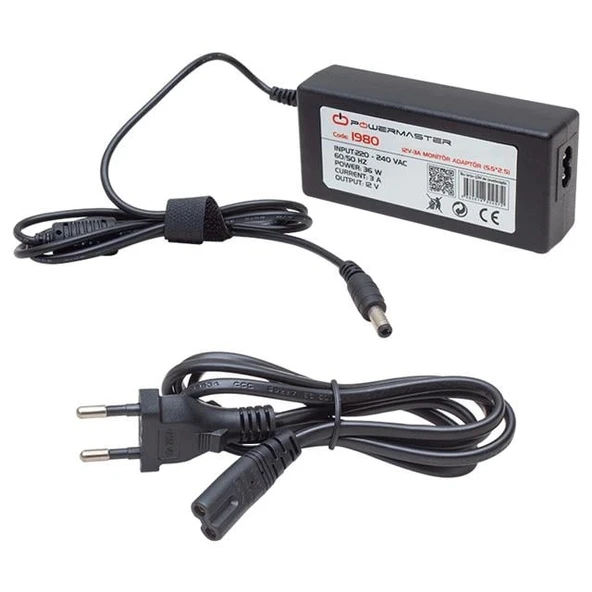 Powermaster PM-1980 12 Volt - 3 Amper - 36 Watt 5.5*2.5 Mm Uçlu Plastik Kasa Masaüstü Adaptör ürün görseli 1