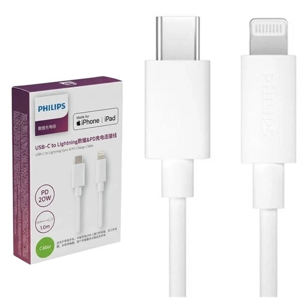 Philips SWR1003/93 1 Metre Type-C to Lightning 20W PD Hızlı Şarj ve Veri Kablosu Beyaz ürün görseli 1