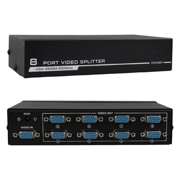 Powermaster VGA-2508A 250 MHz 8 Port 1920x1440 Destekli VGA Video Splitter Dağıtıcı 9 V Adaptörlü ürün görseli 1