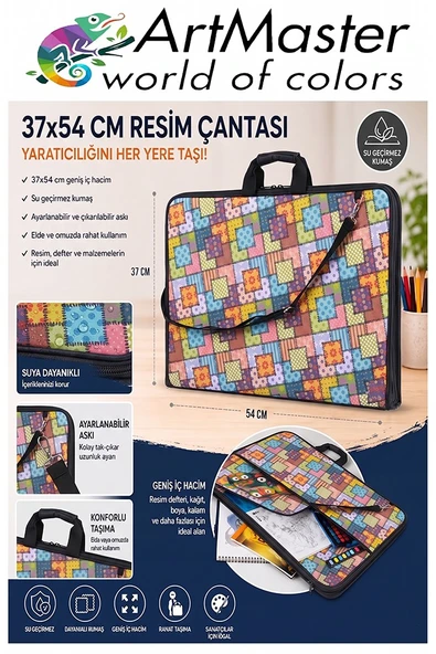 Resim Çantası Desenli Kumaş 37x54 cm 1 Adet Art10 Teknik Resim Dosya Çantası 35x50 cm Askılı Proje Çantası Fermuarlı ürün görseli 1