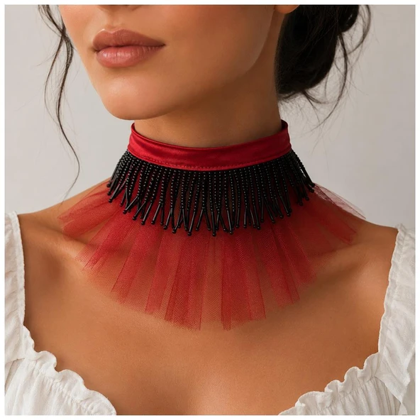 Kırmızı Organze Tül - Saten - Siyah El İşi Boncuk Kadın Choker ürün görseli 1