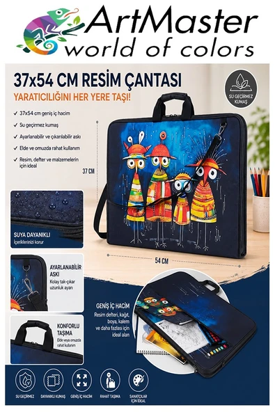 Resim Çantası Desenli Kumaş 37x54 cm 1 Adet Art02 Teknik Resim Dosya Çantası 35x50 cm Askılı Proje Çantası Fermuarlı ürün görseli 1