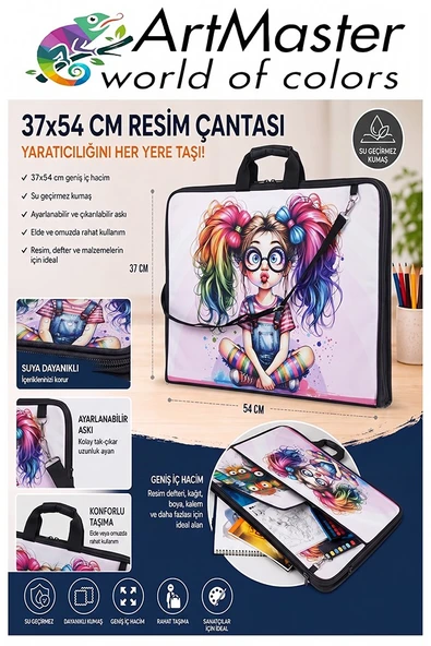 Resim Çantası Desenli Kumaş 37x54 cm 1 Adet Art11 Teknik Resim Dosya Çantası 35x50 cm Askılı Proje Çantası Fermuarlı ürün görseli 1