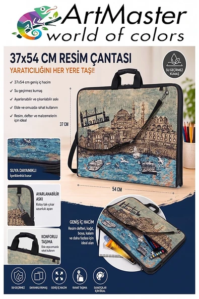 Resim Çantası Desenli Kumaş 37x54 cm 1 Adet Art05 Teknik Resim Dosya Çantası 35x50 cm Askılı Proje Çantası Fermuarlı ürün görseli 1