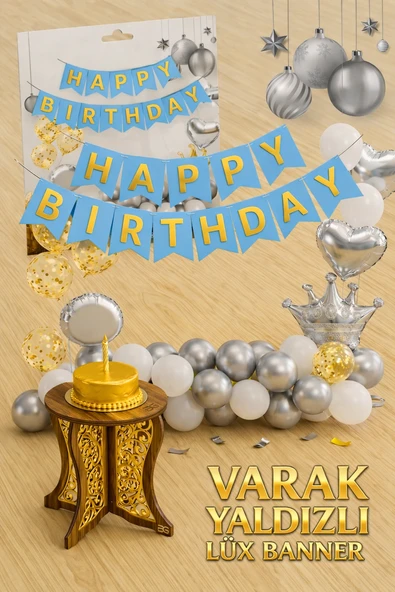Altın Varak Yaldızlı Lüks Happy Birthday Banner - Mavi ürün görseli 1
