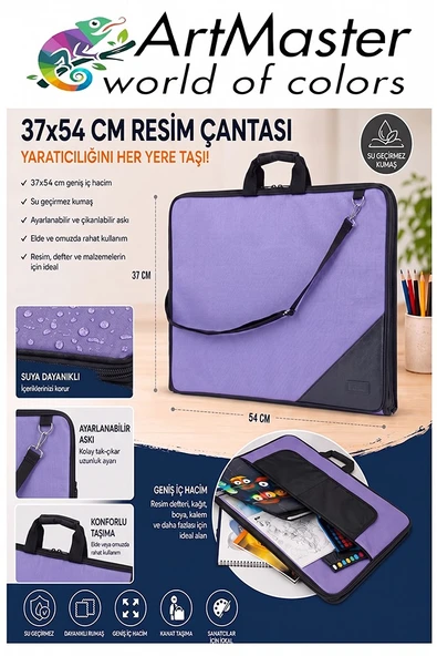 Lila Resim Çantası Kumaş 37x54 cm 1 Adet Teknik Resim Dosya Çantası 35x50 cm Askılı Bez Proje Çantası Fermuarlı Okul ürün görseli 1