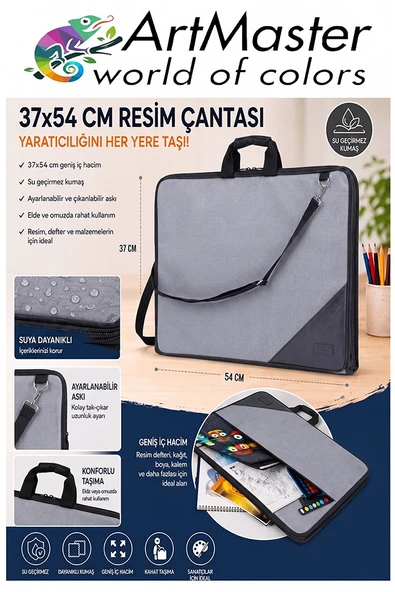 Gri Resim Çantası Kumaş 37x54 cm 1 Adet Teknik Resim Dosya Çantası 35x50 cm Askılı Bez Proje Çantası Fermuarlı Okul ürün görseli 1