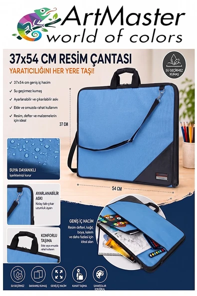 Mavi Resim Çantası Kumaş 37x54 cm 1 Adet Teknik Resim Dosya Çantası 35x50 cm Askılı Bez Proje Çantası Fermuarlı Okul ürün görseli 1