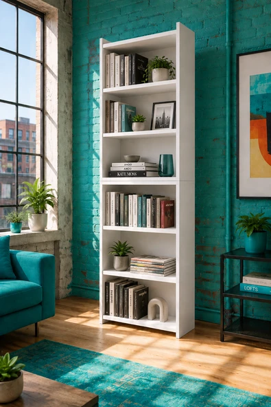 Nova 6 Raflı Beyaz MDF Modüler Ofis Kitaplık 55x23x208 cm ürün görseli 1