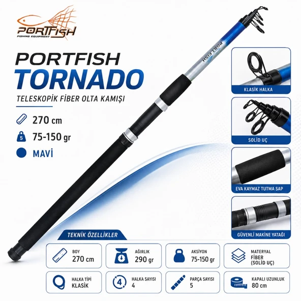 Portfish Tornado Teleskopik Fiber Olta Kamışı 270 cm 75 -150 gr Mavi ürün görseli 1
