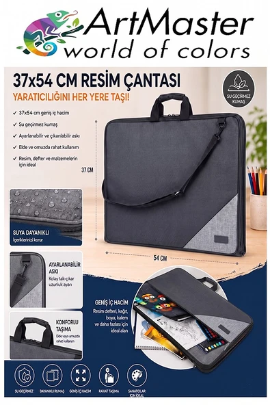 Siyah Resim Çantası Kumaş 37x54 cm 1 Adet Teknik Resim Dosya Çantası 35x50 cm Askılı Bez Proje Çantası Fermuarlı Okul ürün görseli 1