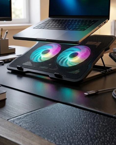 Ayarlanabilir Laptop Soğutucu Çift Fan Rgb Işıklı Sessiz Çalışan ürün görseli 1