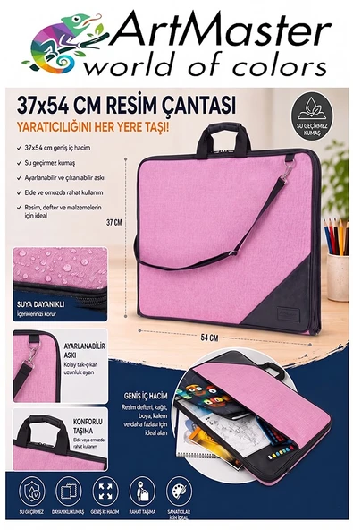 Pembe Resim Çantası Kumaş 37x54 cm 1 Adet Teknik Resim Dosya Çantası 35x50 cm Askılı Bez Proje Çantası Fermuarlı Okul ürün görseli 1