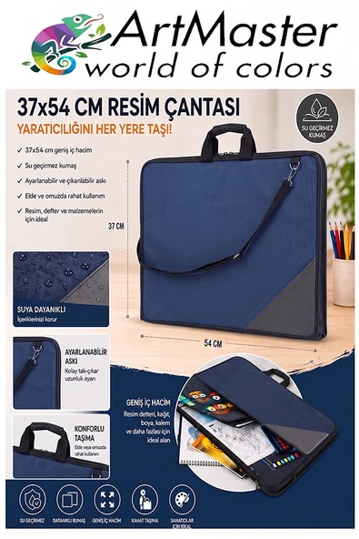 Lacivert Resim Çantası Kumaş 37x54 cm 1 Adet Teknik Resim Dosya Çantası 35x50 cm Askılı Bez Proje Çantası Fermuarlı Okul ürün görseli 1