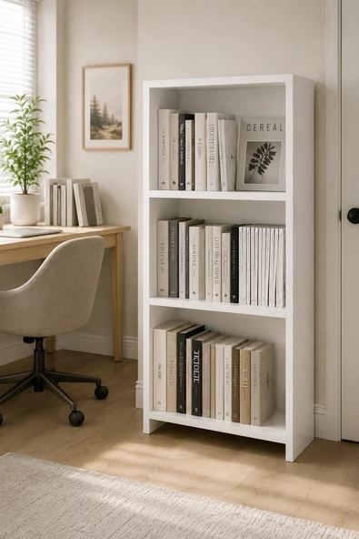 Beyaz MDF Kitaplık 3 Gözlü Raflı Çok Amaçlı Kitaplık Dolabı 104x55x23 cm ürün görseli 1