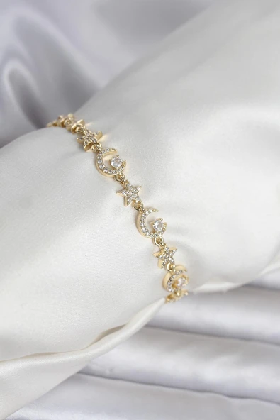 Pirinç Gold Renk Zirkon Taşlı Ay ve Yıldız Model Kadın Bileklik 5886 ürün görseli 1