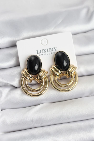 Pirinç Gold Renk Siyah Taşlı Vintage Kadın Küpe 5886 ürün görseli 1