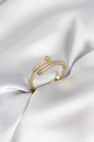 Zirkon Taşlı Gold Renk Yassı Çivi Model Kadın Yüzük 5886 ürün görseli 1