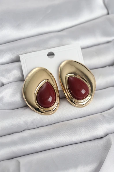 Pirinç Gold Renk Bordo Taşlı Damla Model Vintage Kadın Küpe 5886 ürün görseli 1