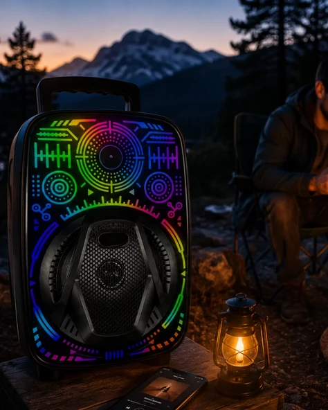 8 İnç Karaoke Hoparlör USB AUX FM Destekli Işıklı Speaker ürün görseli 1