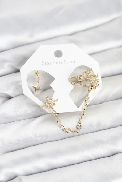 Kutup Yıldızı Model Pirinç Gold Renk Zincir Bağlantılı Ear Cuff Küpe Seti 5886 ürün görseli 1