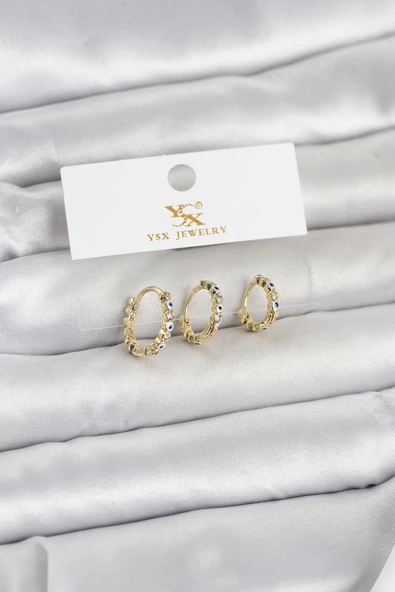 Pirinç Gold Renk Nazarlı Model 3'lü Kadın Küpe 5886 ürün görseli 1
