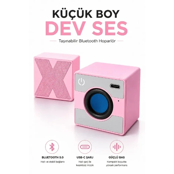 Mini Taşınabilir Hoparlör - Type C (USB-C) Şarj - Güçlü Bass - Küp Tasarım ürün görseli 1