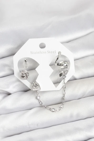 Pirinç Gümüş Renk Yılan Model Zincir Bağlantılı Ear Cuff Küpe Seti 5886 ürün görseli 1