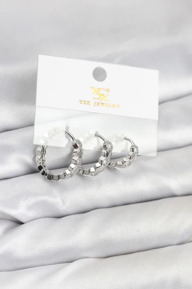 Pirinç Gümüş Renk Zirkon Taşlı Petek Halka Model YSX Trio Küpe Seti 5886 ürün görseli 1