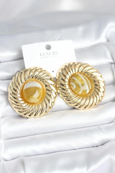Pirinç Gold Renk Kehribar Boncuklu Vintage Kadın Küpe 5886 ürün görseli 1