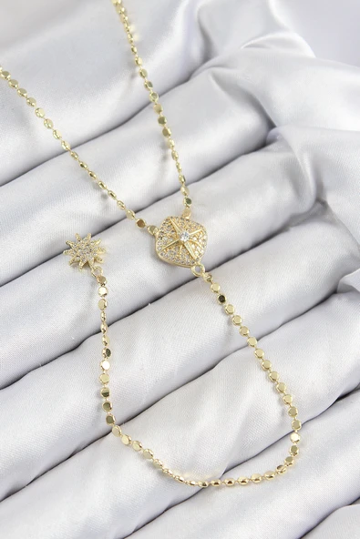 Pirinç Zirkon Taşlı Ezme Zincirli Madalyon Model Gold Renk Y Kolye 5886 ürün görseli 1