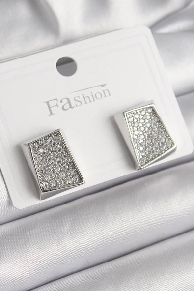 Pirinç Gümüş Renk Zirkon Taşlı Plaka Model Kadın Küpe 5886 ürün görseli 1