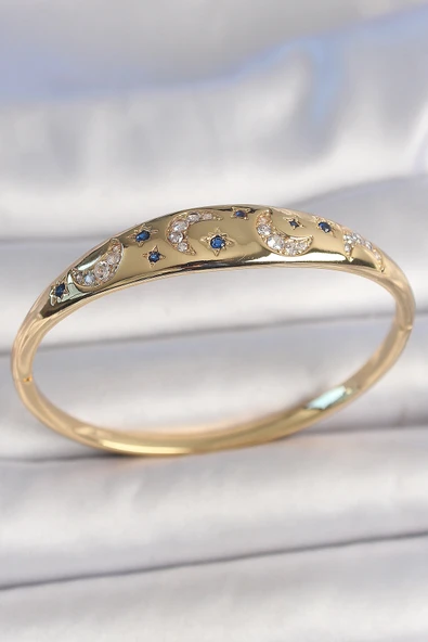 Pirinç Gold Renk Zirkon Taşlı Hilal İşleme Mavi Taşlı Yıldız Detay Kadın Kelepçe 5886 ürün görseli 1