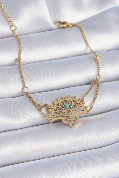 316L Çelik Gold Renk Mavi Taşlı Etnik Desen Kadın Bileklik 5886 ürün görseli 1