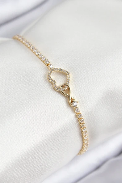 Pirinç Zirkon Taşlı Sonsuzluk Kalp Model Gold Renk Kadın Bileklik 5886 ürün görseli 1